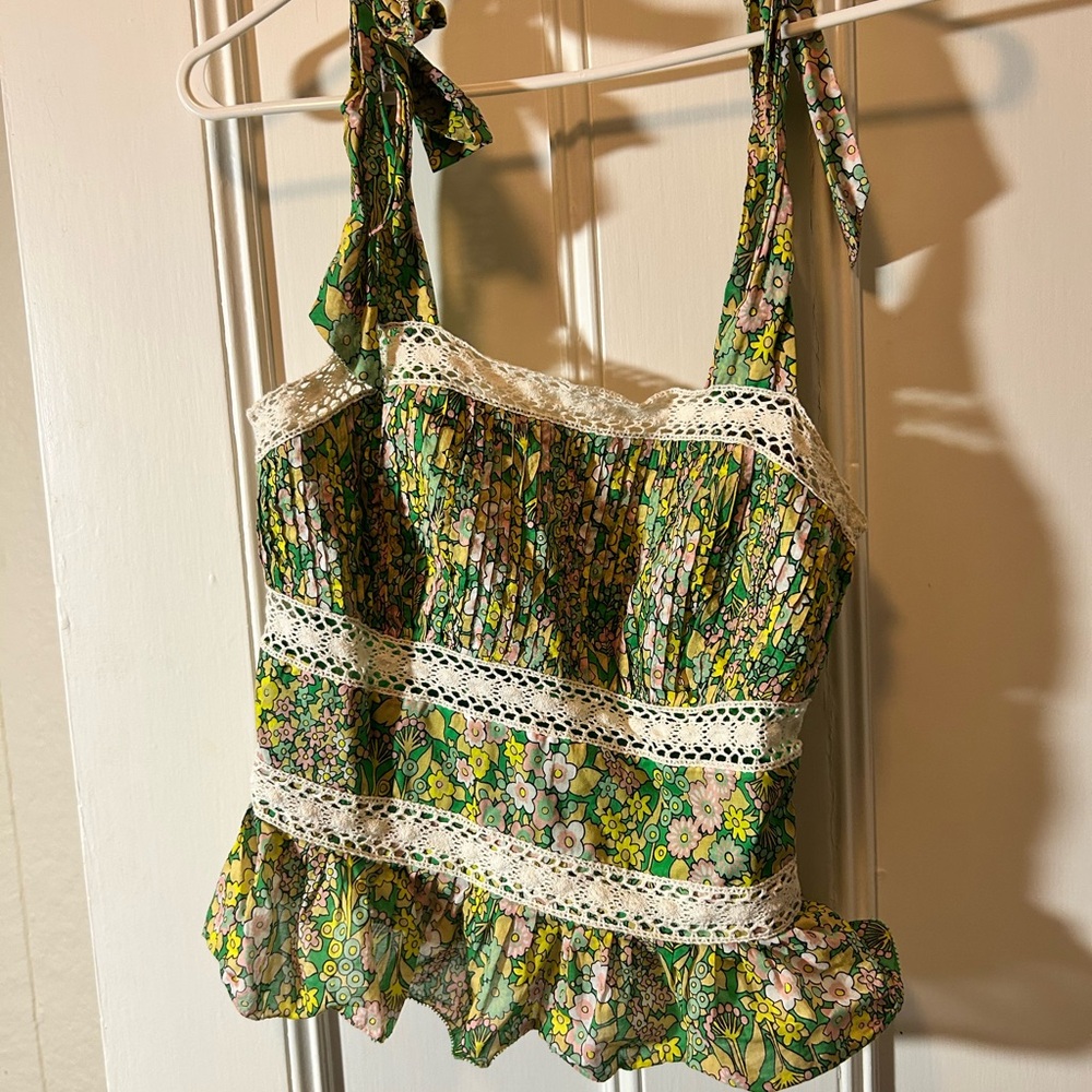 Ted Baker Green Floral Top with Lace Trim